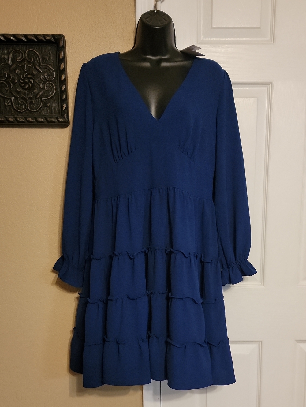 Emma & Michele Royal Blue V-Neck Tiered Long-Sleeve Dress